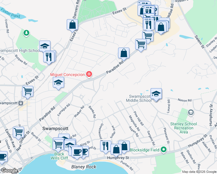 map of restaurants, bars, coffee shops, grocery stores, and more near 45 Mountwood Road in Swampscott