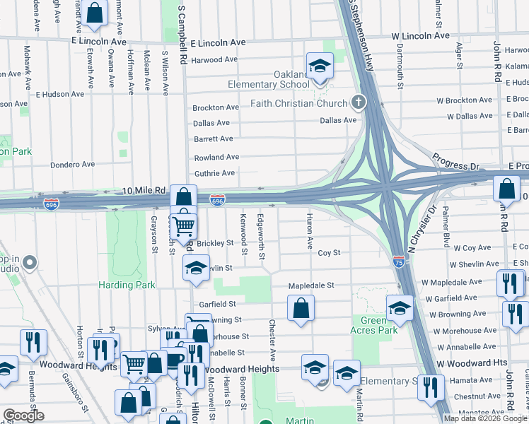 map of restaurants, bars, coffee shops, grocery stores, and more near 3371 Edgeworth Street in Ferndale