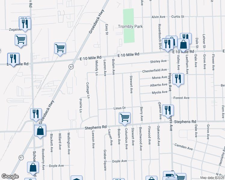 map of restaurants, bars, coffee shops, grocery stores, and more near 24537 Bolam Avenue in Warren