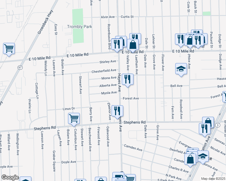 map of restaurants, bars, coffee shops, grocery stores, and more near 14943 Myola Ave in Warren