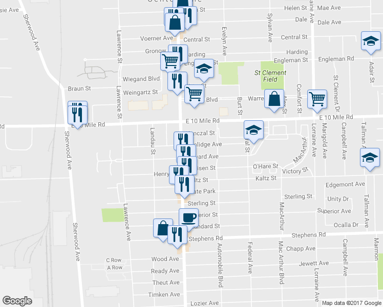 map of restaurants, bars, coffee shops, grocery stores, and more near 8015 Edward Avenue in Center Line