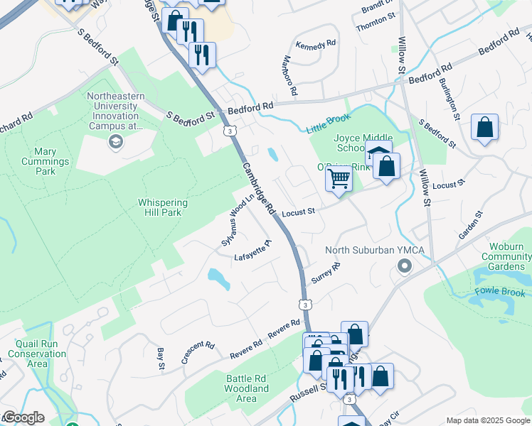 map of restaurants, bars, coffee shops, grocery stores, and more near 71 Cambridge Road in Woburn