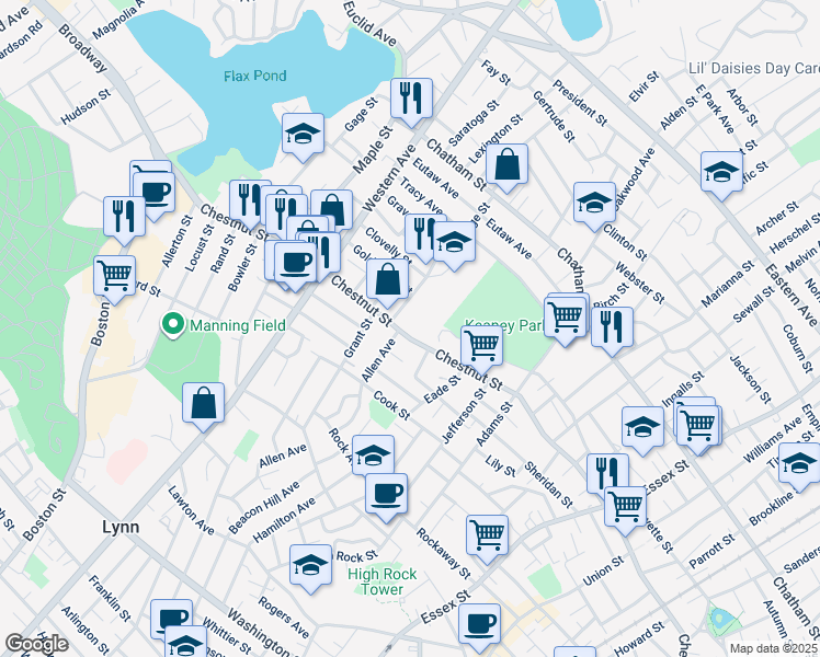 map of restaurants, bars, coffee shops, grocery stores, and more near 429 Chestnut Street in Lynn