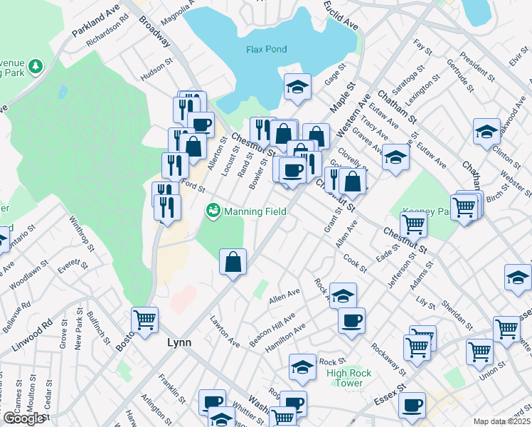 map of restaurants, bars, coffee shops, grocery stores, and more near 320 Maple Street in Lynn