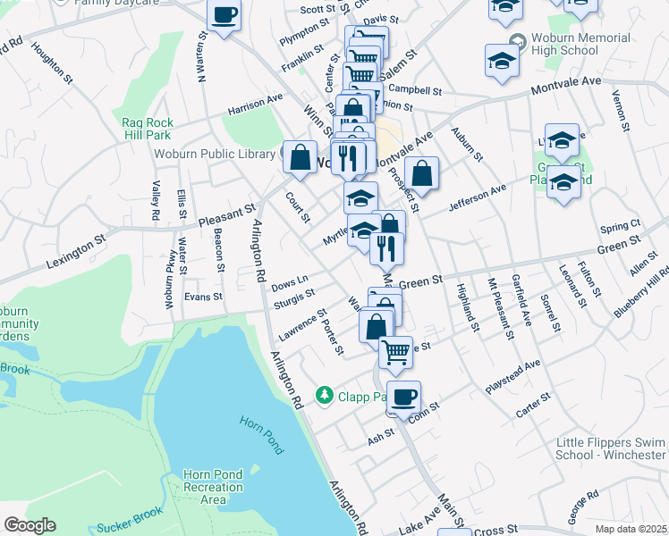 map of restaurants, bars, coffee shops, grocery stores, and more near 23 Summer Street in Woburn