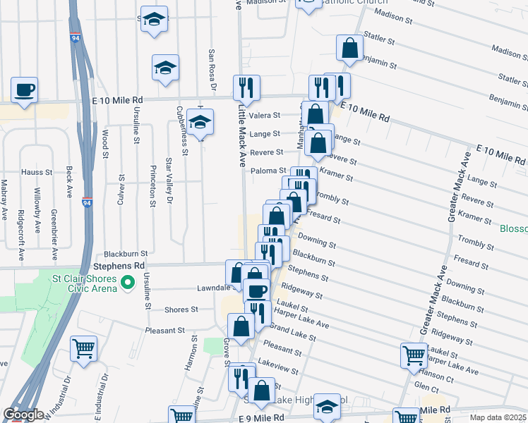 map of restaurants, bars, coffee shops, grocery stores, and more near 24498 Little Mack Avenue in St. Clair Shores