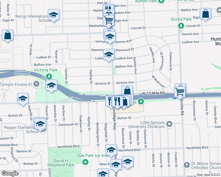 map of restaurants, bars, coffee shops, grocery stores, and more near 13368 Wales Avenue in Huntington Woods