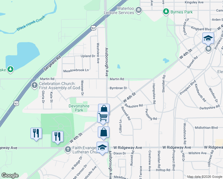 map of restaurants, bars, coffee shops, grocery stores, and more near 263 Byrnbrae St in Waterloo