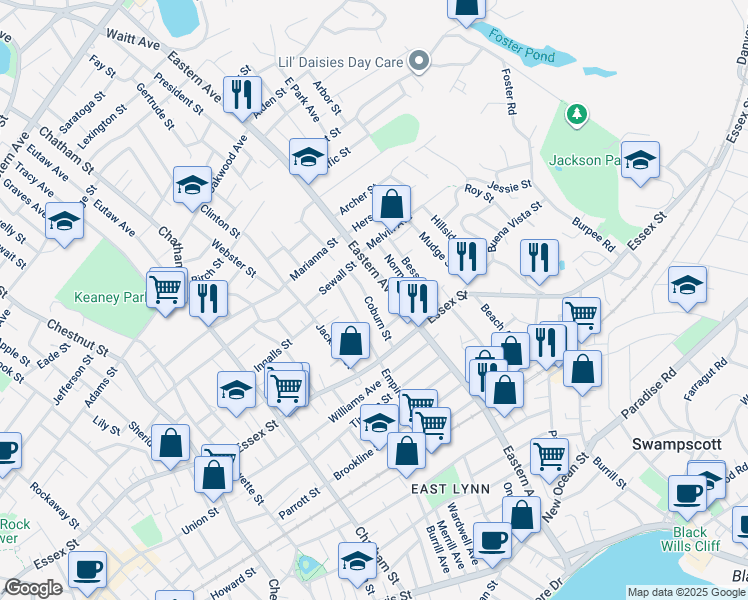 map of restaurants, bars, coffee shops, grocery stores, and more near 47 Coburn Street in Lynn
