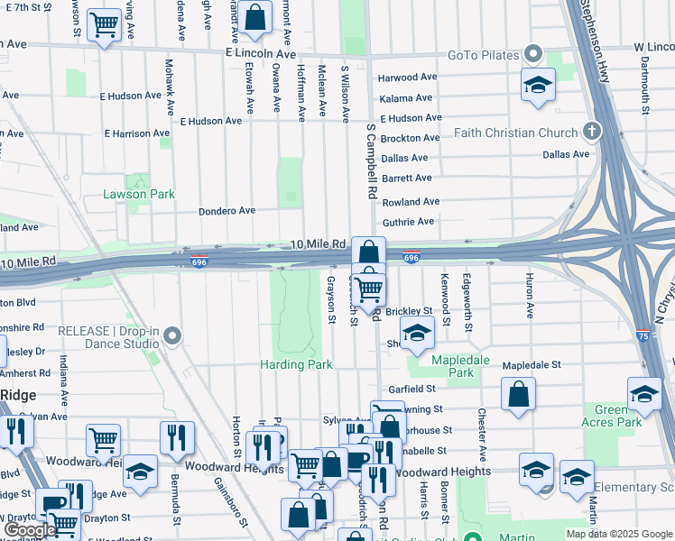 map of restaurants, bars, coffee shops, grocery stores, and more near 1402 East 10 Mile Road in Ferndale
