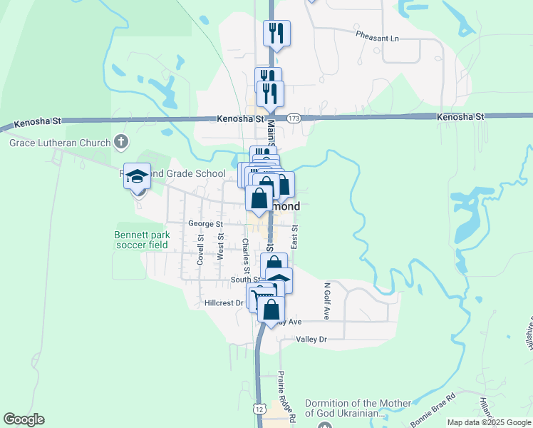 map of restaurants, bars, coffee shops, grocery stores, and more near 10307 North Main Street in Richmond