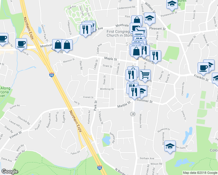 map of restaurants, bars, coffee shops, grocery stores, and more near 15 Winthrop Street in Stoneham
