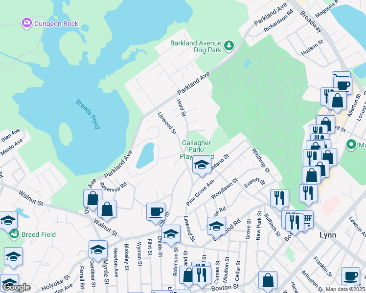 map of restaurants, bars, coffee shops, grocery stores, and more near 185 Linwood Street in Lynn