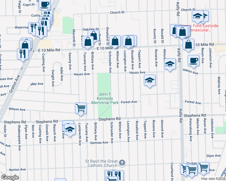 map of restaurants, bars, coffee shops, grocery stores, and more near 24584 Schroeder Avenue in Eastpointe