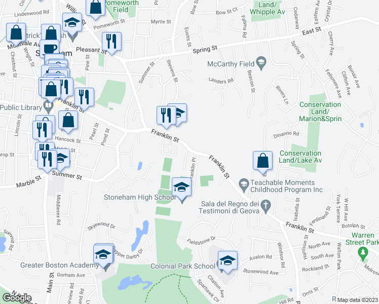 map of restaurants, bars, coffee shops, grocery stores, and more near 137 Franklin Street in Stoneham