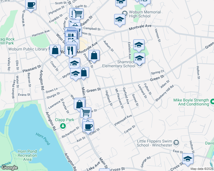 map of restaurants, bars, coffee shops, grocery stores, and more near 18 Green Street in Woburn