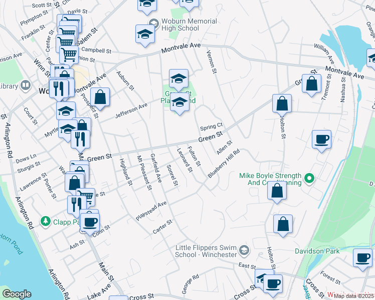 map of restaurants, bars, coffee shops, grocery stores, and more near 1 Fulton St in Woburn