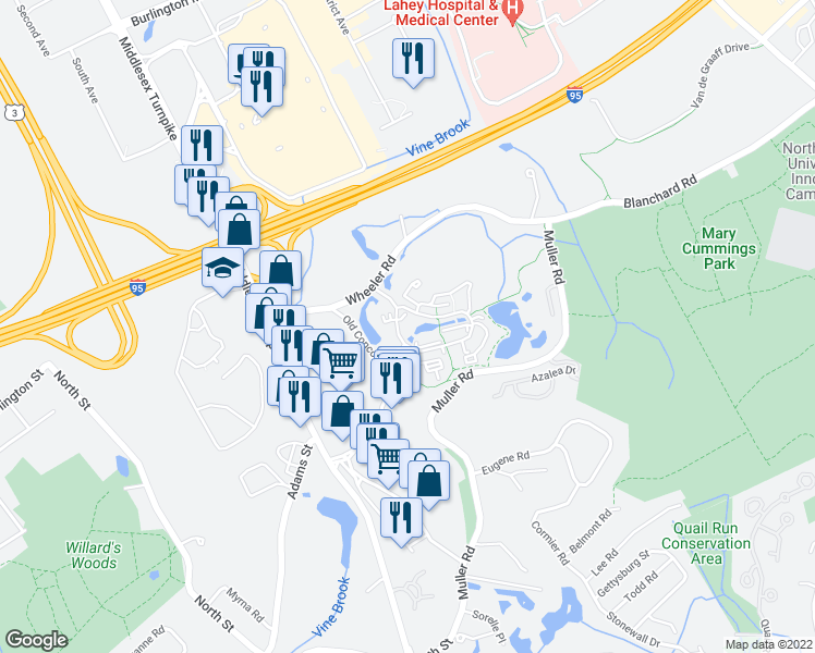 map of restaurants, bars, coffee shops, grocery stores, and more near 1 7 Springs Lane in Burlington