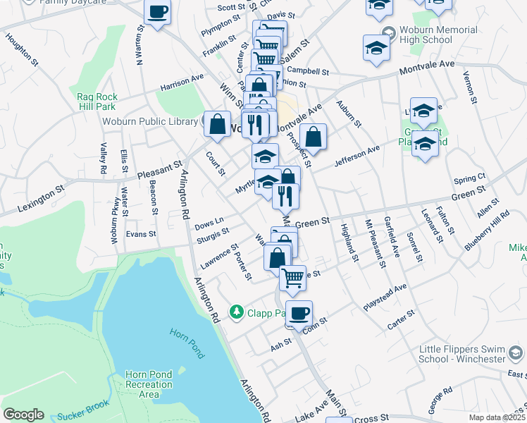 map of restaurants, bars, coffee shops, grocery stores, and more near 6 Edgehill Road in Woburn