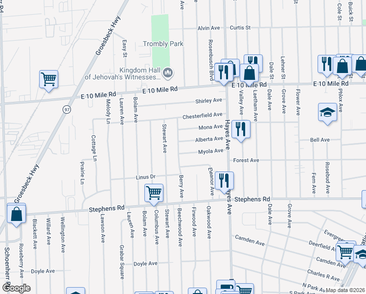 map of restaurants, bars, coffee shops, grocery stores, and more near 24546 Berry Avenue in Warren