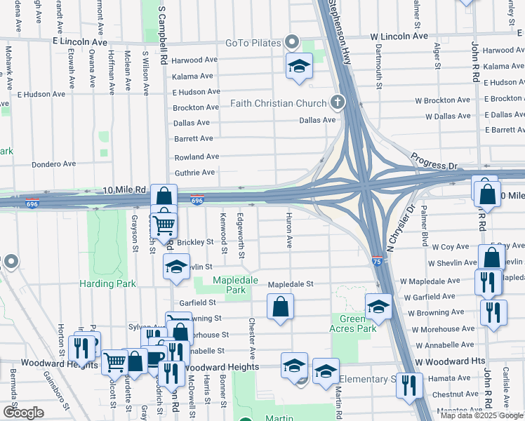 map of restaurants, bars, coffee shops, grocery stores, and more near 2110 East 10 Mile Road in Ferndale