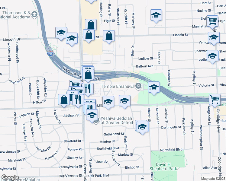 map of restaurants, bars, coffee shops, grocery stores, and more near 25062 East Rue Versailles Drive in Oak Park