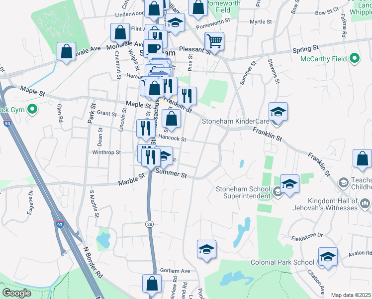map of restaurants, bars, coffee shops, grocery stores, and more near 72 Pine Street in Stoneham