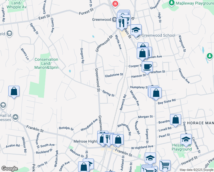 map of restaurants, bars, coffee shops, grocery stores, and more near 31 Crystal Street in Wakefield