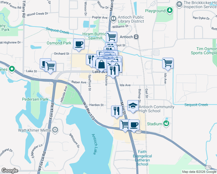 map of restaurants, bars, coffee shops, grocery stores, and more near 999 Victoria in Antioch