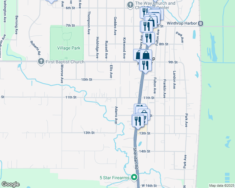 map of restaurants, bars, coffee shops, grocery stores, and more near 2120 11th Street in Winthrop Harbor