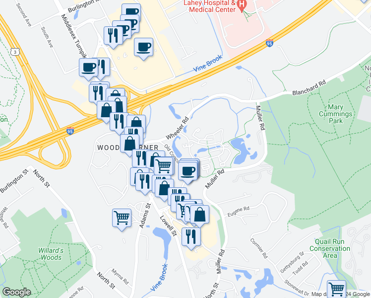 map of restaurants, bars, coffee shops, grocery stores, and more near 2 7 Springs Lane in Burlington