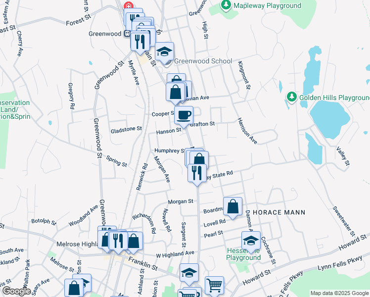 map of restaurants, bars, coffee shops, grocery stores, and more near 5 Humphrey Street in Wakefield