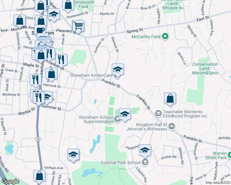 map of restaurants, bars, coffee shops, grocery stores, and more near 137 Franklin Street in Stoneham