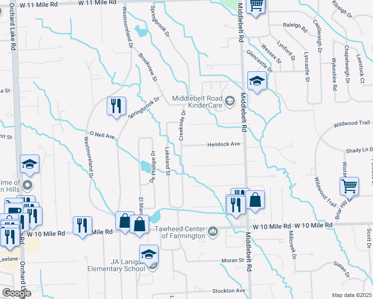 map of restaurants, bars, coffee shops, grocery stores, and more near 24768 Creekside Drive in Farmington Hills