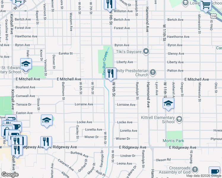 map of restaurants, bars, coffee shops, grocery stores, and more near 2100 West 9th Street in Waterloo
