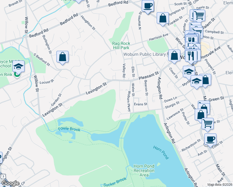 map of restaurants, bars, coffee shops, grocery stores, and more near 12 Wolcott Road in Woburn