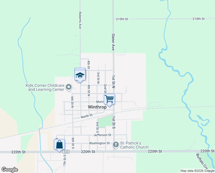 map of restaurants, bars, coffee shops, grocery stores, and more near 334 1st Street South in Winthrop