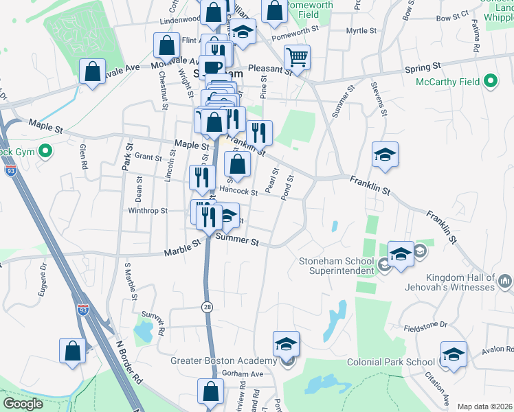 map of restaurants, bars, coffee shops, grocery stores, and more near 72 Pine Street in Stoneham