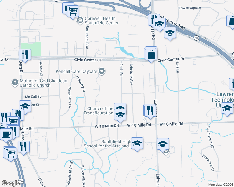 map of restaurants, bars, coffee shops, grocery stores, and more near 25601 Code Road in Southfield