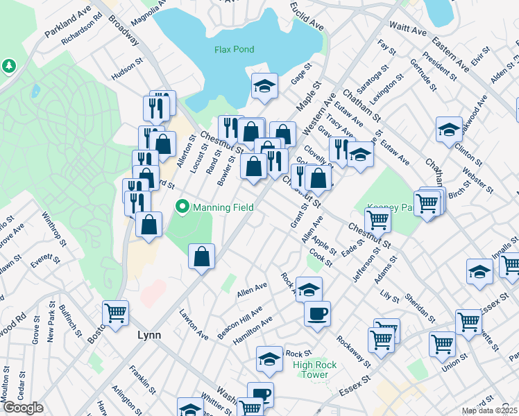 map of restaurants, bars, coffee shops, grocery stores, and more near 278 Western Avenue in Lynn