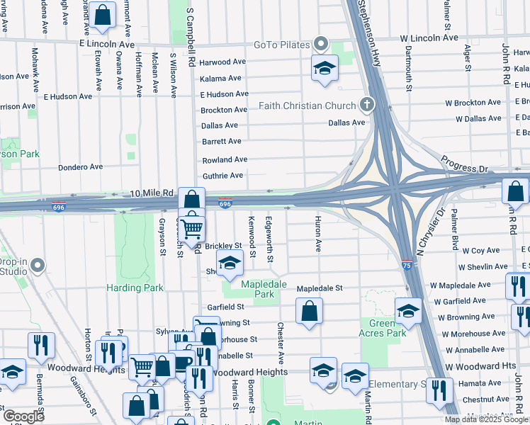 map of restaurants, bars, coffee shops, grocery stores, and more near 3371 Edgeworth Street in Ferndale