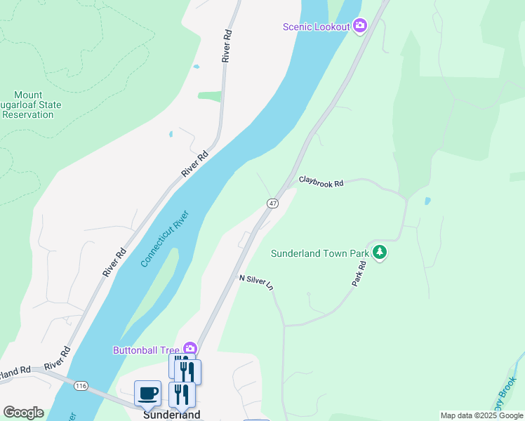 map of restaurants, bars, coffee shops, grocery stores, and more near 243 North Main Street in Sunderland