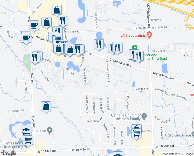 map of restaurants, bars, coffee shops, grocery stores, and more near 42344 Fountain Park Drive North in Novi