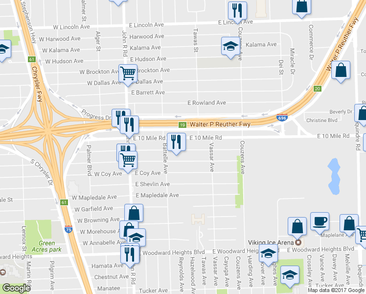 map of restaurants, bars, coffee shops, grocery stores, and more near 597 East Mahan Avenue in Hazel Park