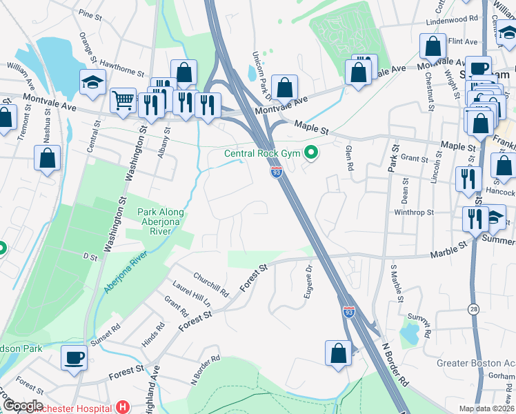 map of restaurants, bars, coffee shops, grocery stores, and more near Interstate 93 in Stoneham