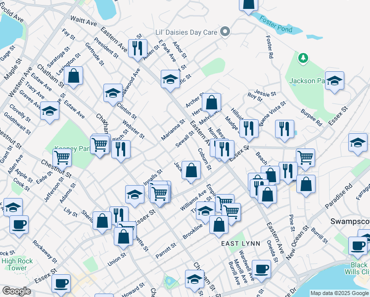 map of restaurants, bars, coffee shops, grocery stores, and more near 128 Empire Street in Lynn