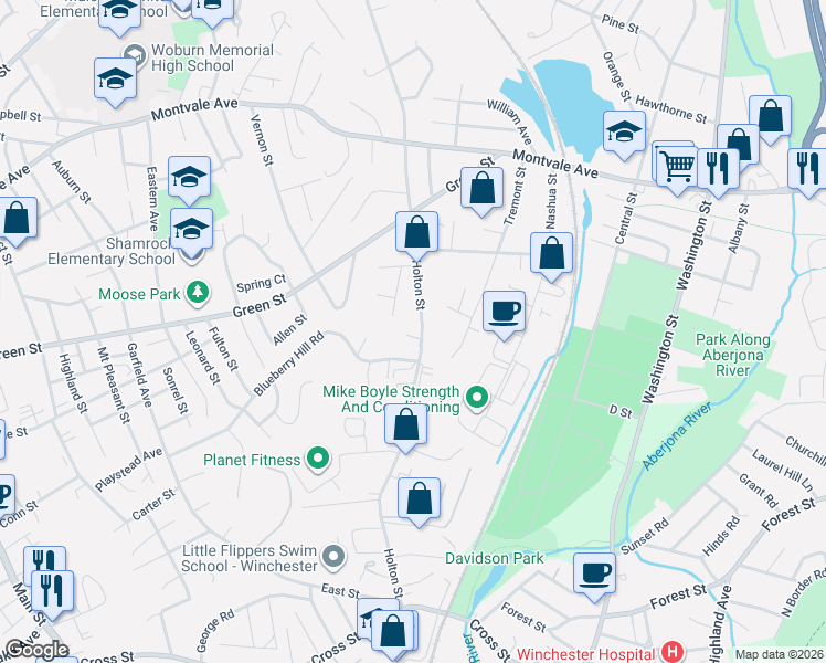 map of restaurants, bars, coffee shops, grocery stores, and more near 50 Holton Street in Woburn