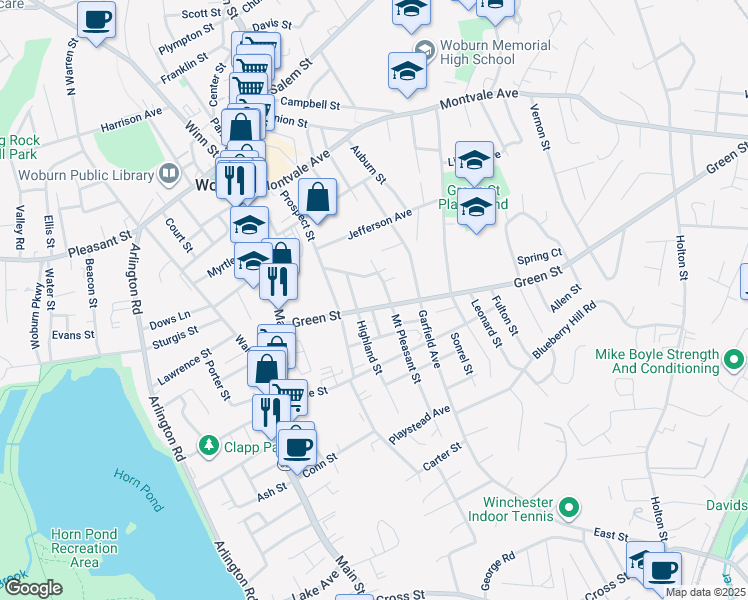 map of restaurants, bars, coffee shops, grocery stores, and more near 18 Green Street in Woburn