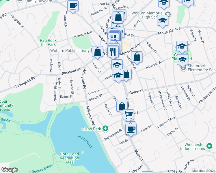 map of restaurants, bars, coffee shops, grocery stores, and more near 23 Summer Street in Woburn