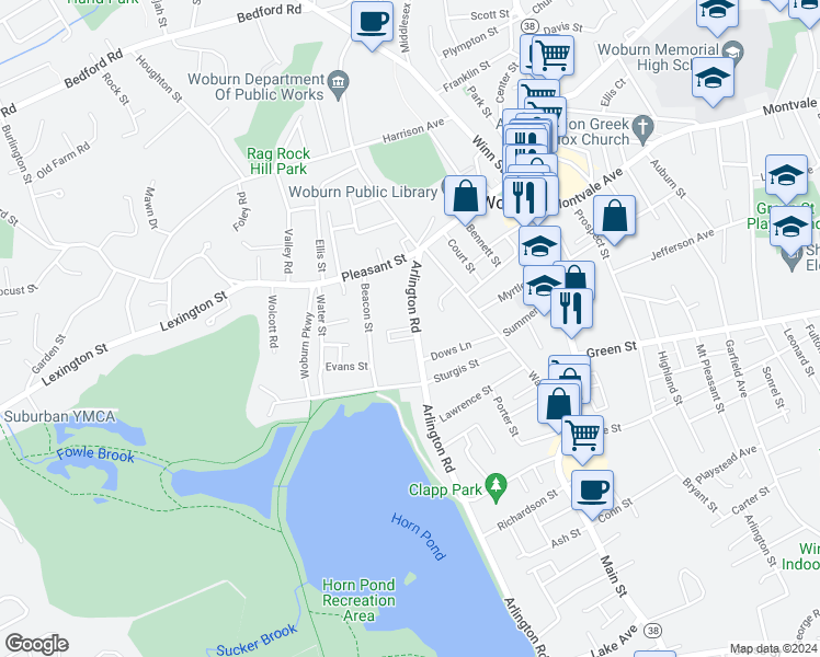 map of restaurants, bars, coffee shops, grocery stores, and more near 26 Arlington Road in Woburn